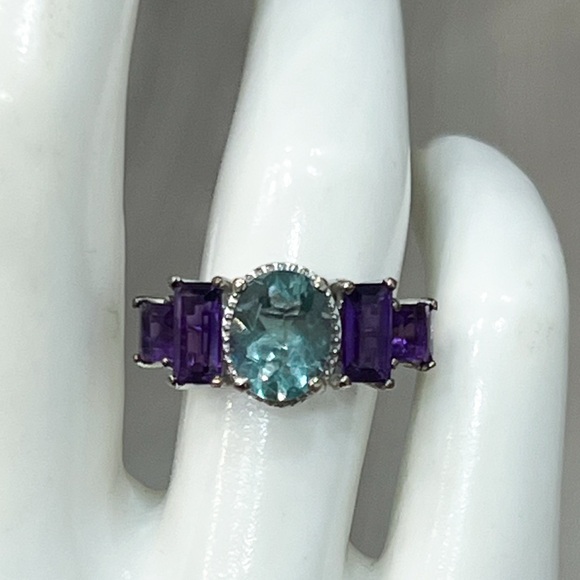Teal Fluorite African Amethyst Sterling Silver Ring Sz 7 - Picture 6 of 11